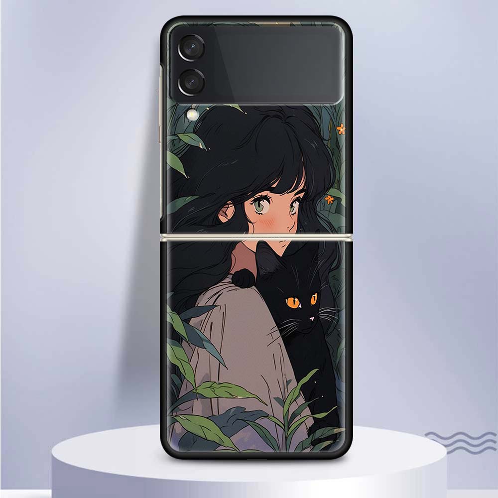 Süße Anime Ins Mädchen Tier Katze für Samsung Galaxy Z Flip 5 4 3 5G Telefon Fall schwarz Hard Cover ZFlip 5 4 3 Luxus stoßfest Bum