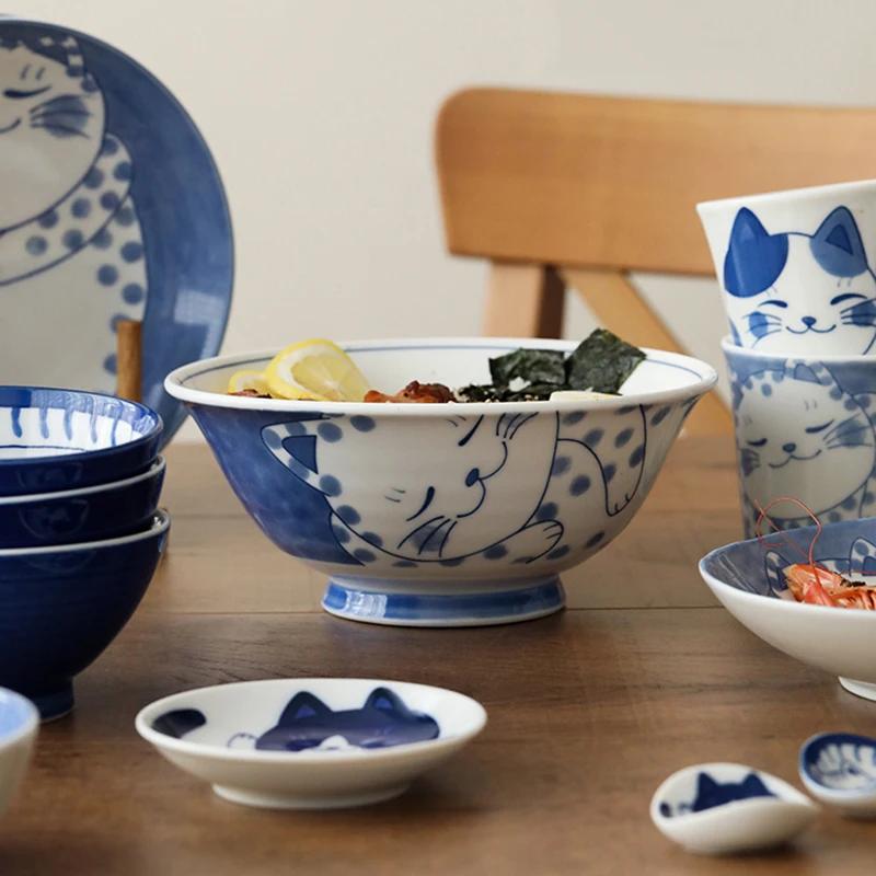 Piatto Ceramico Gatto Carino Piatto Giapponese Ciotola in Porcellana Bianca e Blu Piatto Creativo Personalità Casa Tavola Cucina Casa Qualità