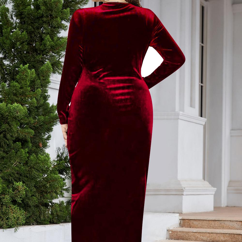 New Plus Size Long Sleeve Velvet Sheath Dress, Sexy, Pleated Wrap, Deep V Neck, Party Cocktail Dress