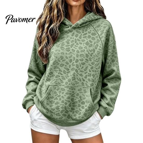Sweatshirt with Front Pocket Women Leopard Print Hoodie, Oversized Drop Shoulder Hooded Pocket, Hoodie Long Sleeve Loose Casual Pullover Top