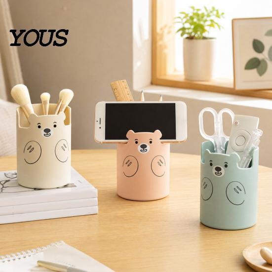 Macaron Colors Desk Organizer Cute Bear 2-in-1 Pen Holder & Phone Stand, Organizer, Large with Stand Capacity Storage for Pens Makeup Brushes Scissors