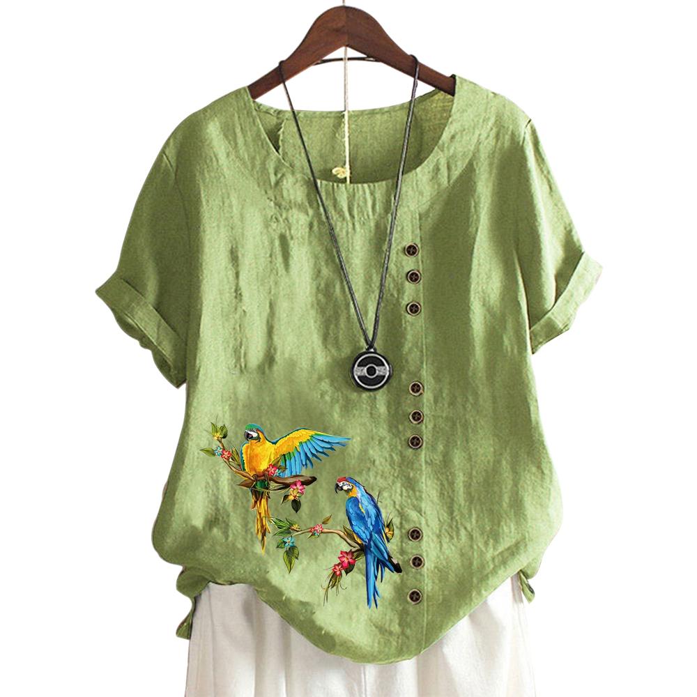 Barevný dámský top s kulatým výstřihem a krátkým rukávem s tištěným vzorem