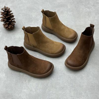 Handgemachte kurze Stiefel aus echtem Leder im Retro-Stil mit runder Spitze, flache Slip-On-Damenschuhe