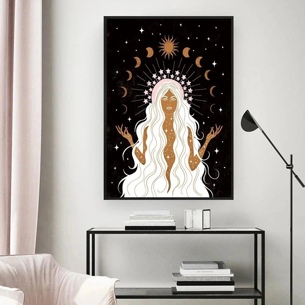 Bohemian Strega Terra Corpo celeste Stella Luna Dea del sole Creatività Poster Dipinti su tela e stampe Soggiorno Decorazione della casa