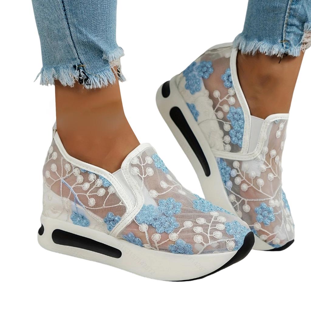 Lace Floral Embroidered Slip On Platform Wedge Shoes Lightweight Breathable Mesh Upper Casual Walking Sneakers for Women