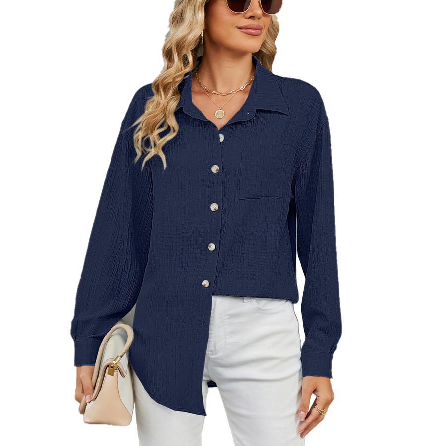 New Women's Casual Loose Long Sleeve Crew Neck Button Solid Color Shirt