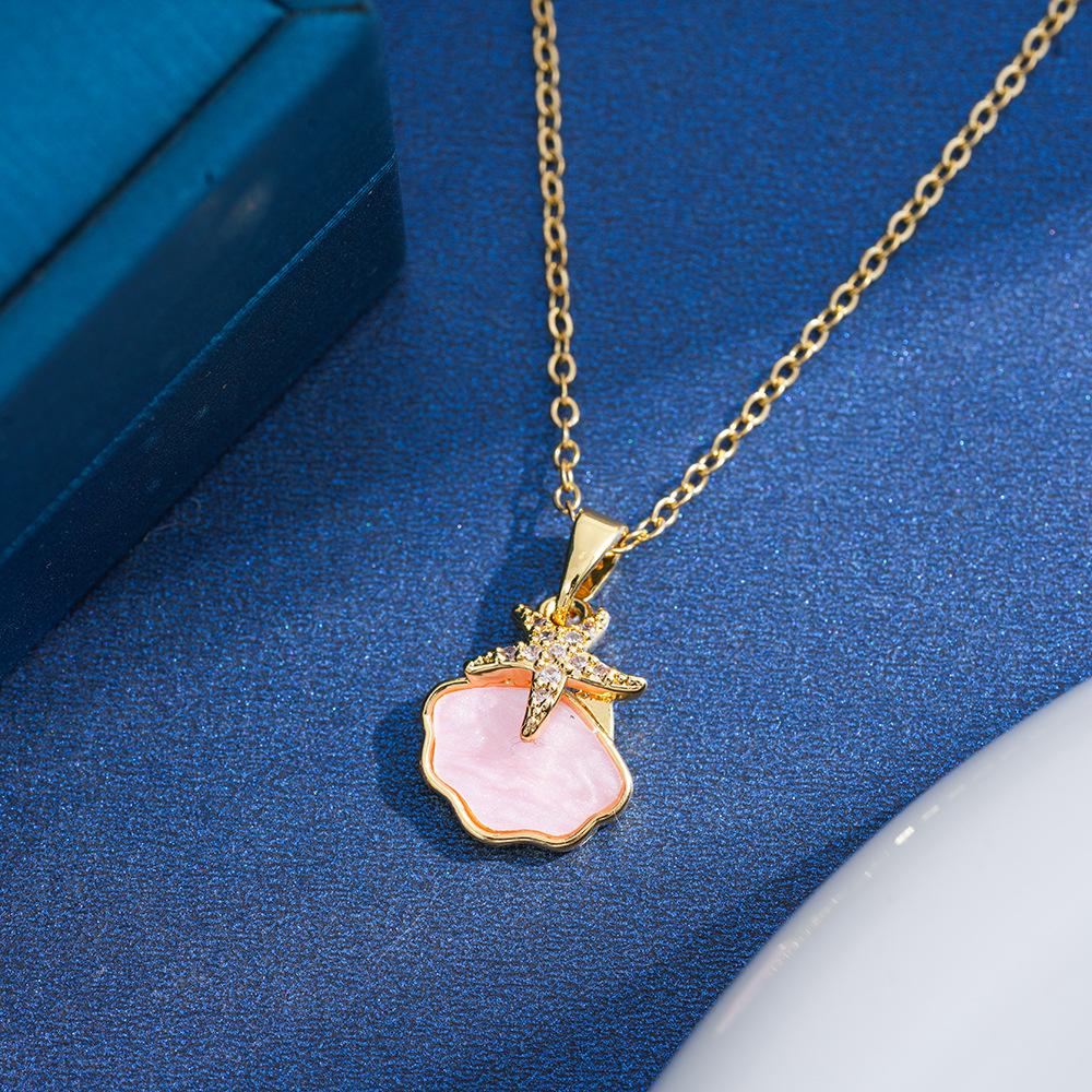 Stylish Copper-Plated Starfish Shell Necklace with Zircon Inlay