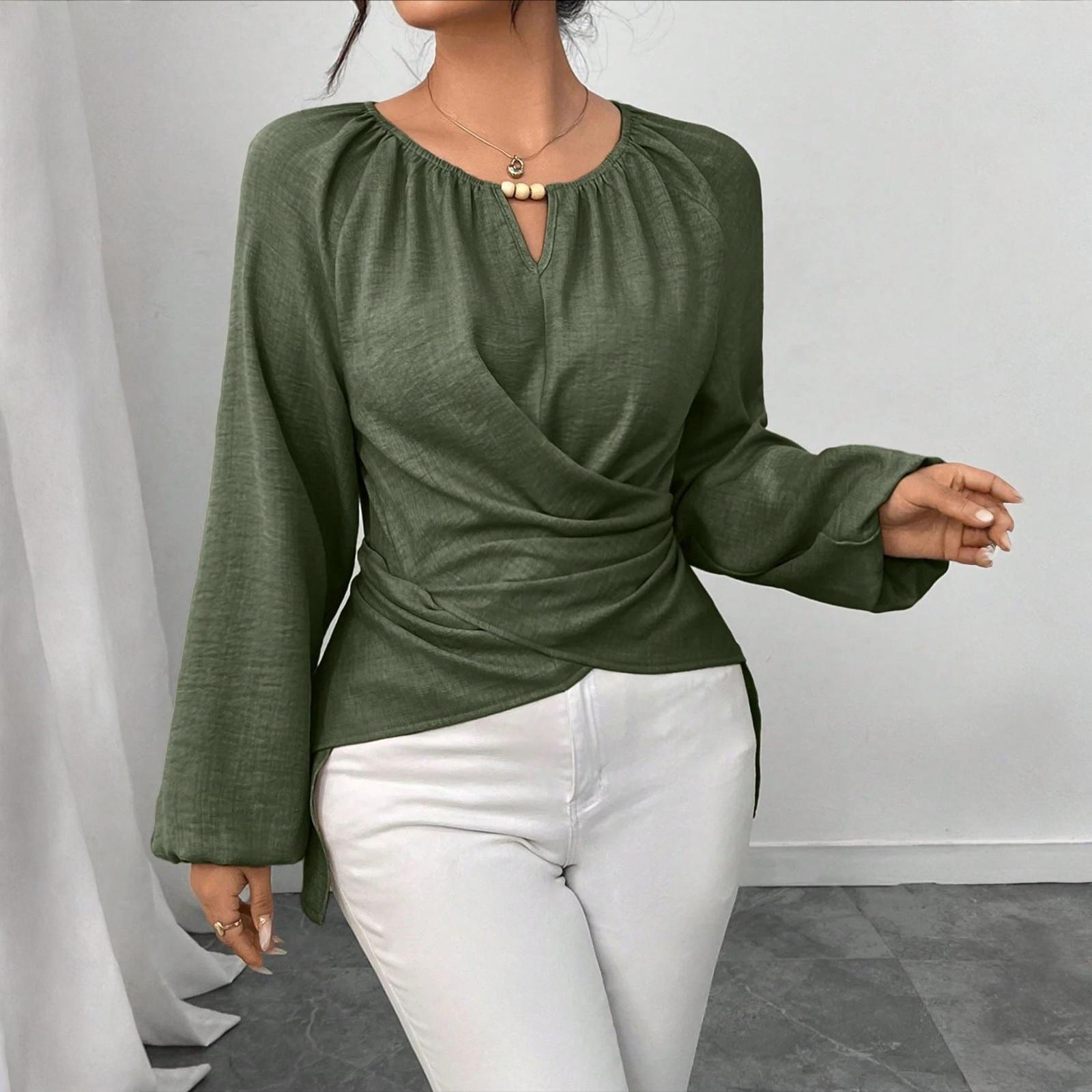 

Women s Cute Printed Work Clothes V,neck Double Layer Pockets Basic Long Sleeve Top Pullover Valentines L зелений