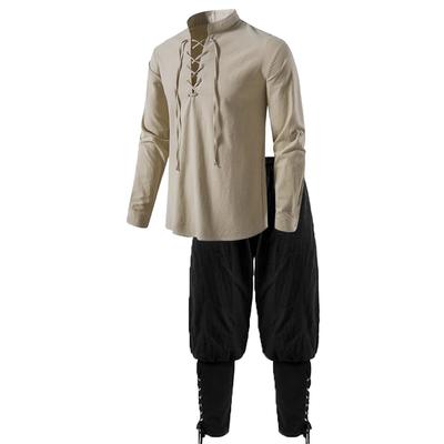 2Pcs Men's Medieval Knight Costume Set Renaissance Cosplay Pirate Shirts Ankle Banded Pants For Halloween Cotton Linen
