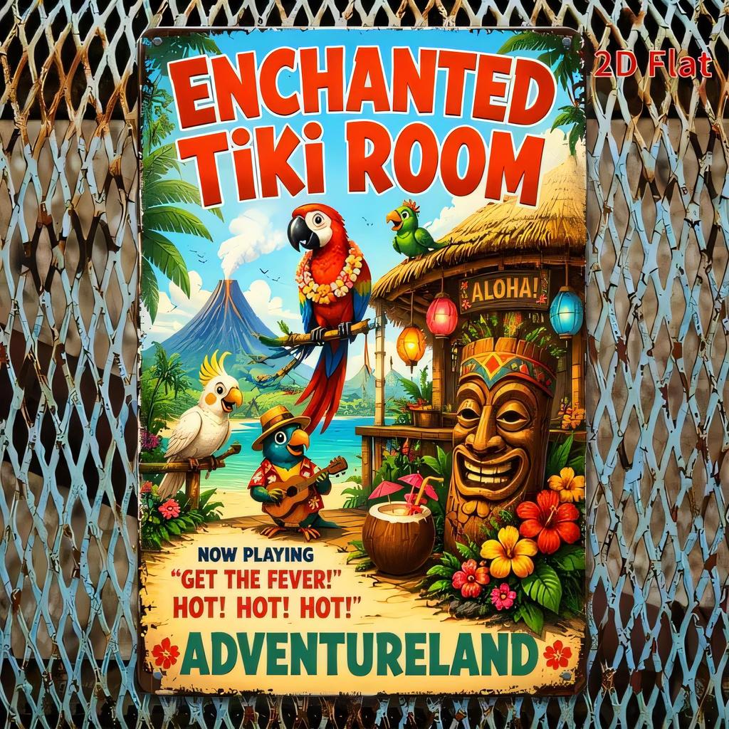 Tin Sign Enchanted Tiki Room Retro Travel Poster Wall Art Tropical Aloha AdventureLand Hot Hot Hot Design Vintage Hawaiian Be