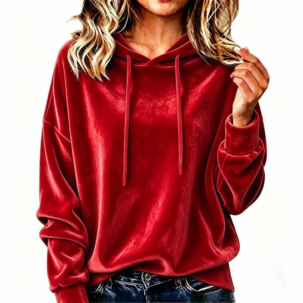 Women's Velvet Hoodie - Color Loose Fit Long Sleeve Top for Casual Wear