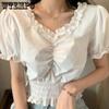 WTEMPO Vintage V-neck Solid Cropped Tops Girl's Sweet Folds T-Shirts Summer Short Puff Sleeve Black White Tee Women Streetwear