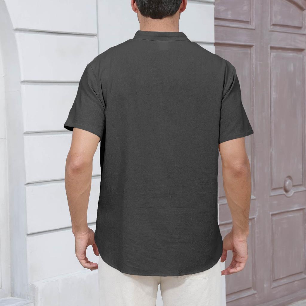 Summer New Men's Lightweight Cotton Linen Short Sleeve Henley Neck T-shirt - Breathable Casual Solid Color Tops Basic Style Tees