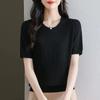 Women's Light Blue Short Sleeve Knit Top Round Neck Ribbed Casual T-Shirt with Pointelle Detail