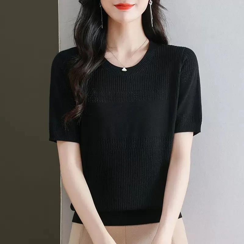 Women's Light Blue Short Sleeve Knit Top Round Neck Ribbed Casual T-Shirt with Pointelle Detail