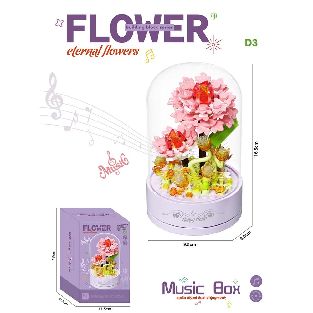 3D Moc Block-Assembled Plastic Flower Carousel Music Box - Sunflower Rose Cake Ferris Wheel Gift For Adults  Girls