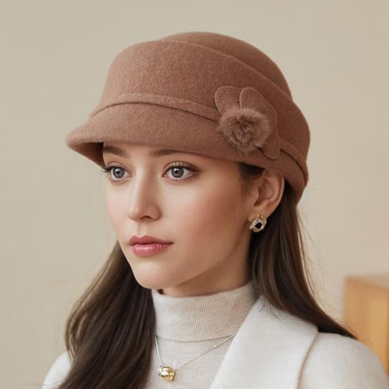 

Осень и Зима Женская Шерстяная Элегантная Теплая Шапка-Ведро с Цветком Повседневная Шляпа для Верховой Езды Ретро Цилиндр ONE SIZE