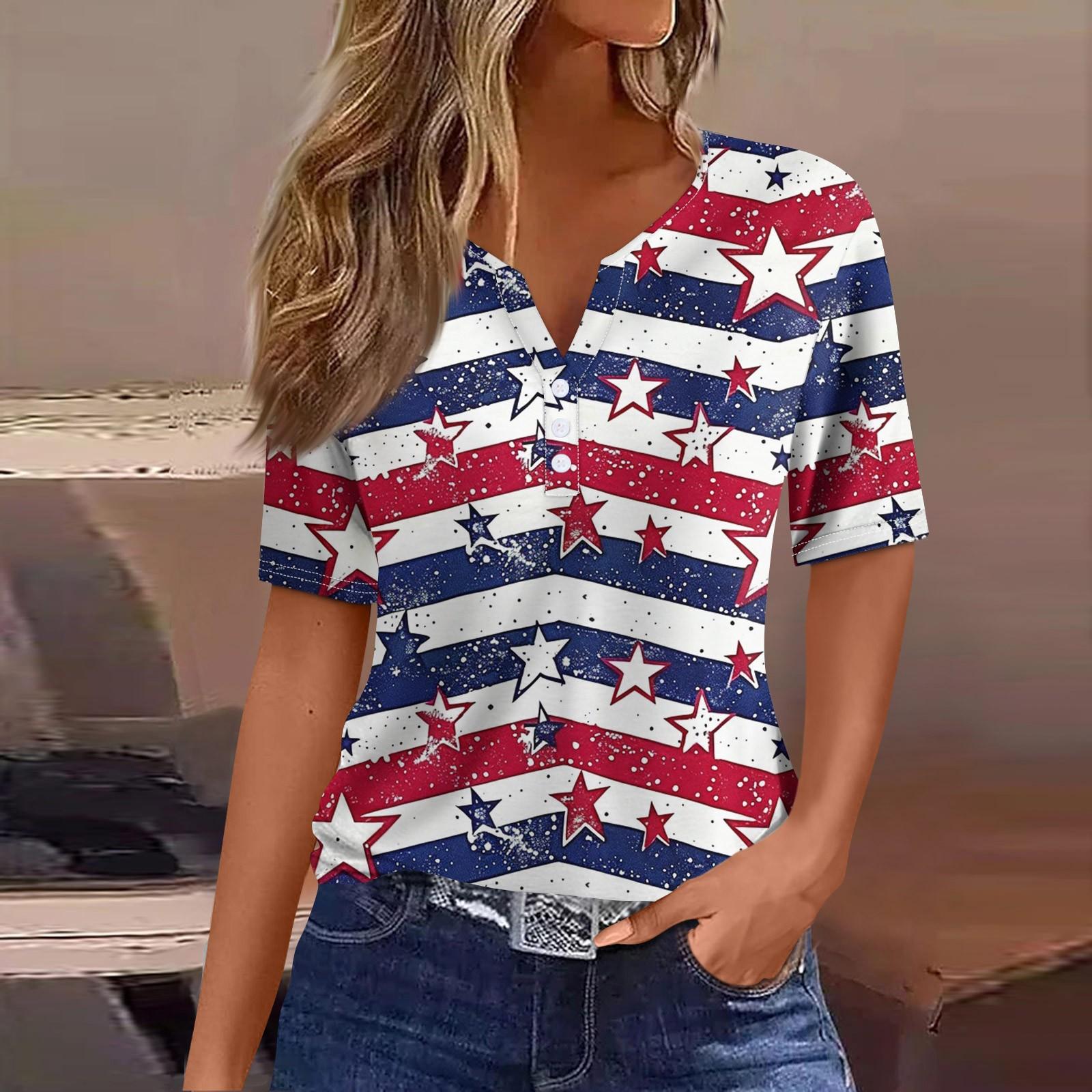 

Жен. Футболка Футболка День независимости С принтом Пуговицы С короткими рукавами Повседневные Выходные Мода Классический Классический V-образный вырез Обычный Топ XL белый