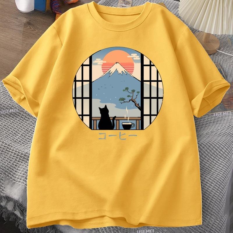 Coffee Cat in Mt Fuji Tshirt Men Women Round Neck Short Sleeve Tshirt Japanese Style Printed TShirt Cotton Oversized Tops