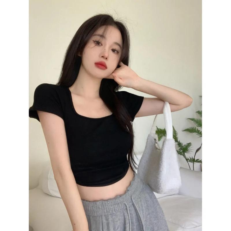 Women s Black Ribbed Knit Square Neck Crop Top Short Sleeve Form Fitted Casual Blouse M