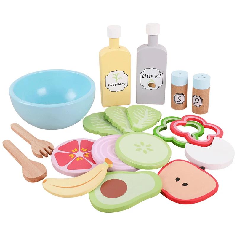 Non-Toxic Kitchen Toy High Quality Pretend Play Kids Simulation Wooden Food Salad Set Creative Wooden Fruit Toy Early Education Play House