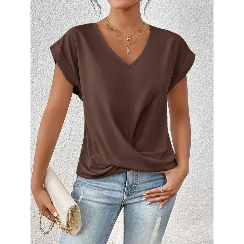 Damenmode Lässig Sommer Frühling Einfarbige Druck Kurzarm V-Ausschnitt Blusen Hemden