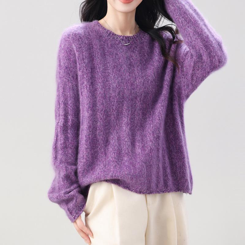 Women's 5% Cashmere, 95% Wool Ribbed Sweater - Thick, Brushed, Long Sleeve, Versatile Round Neck for Autumn and Winter.