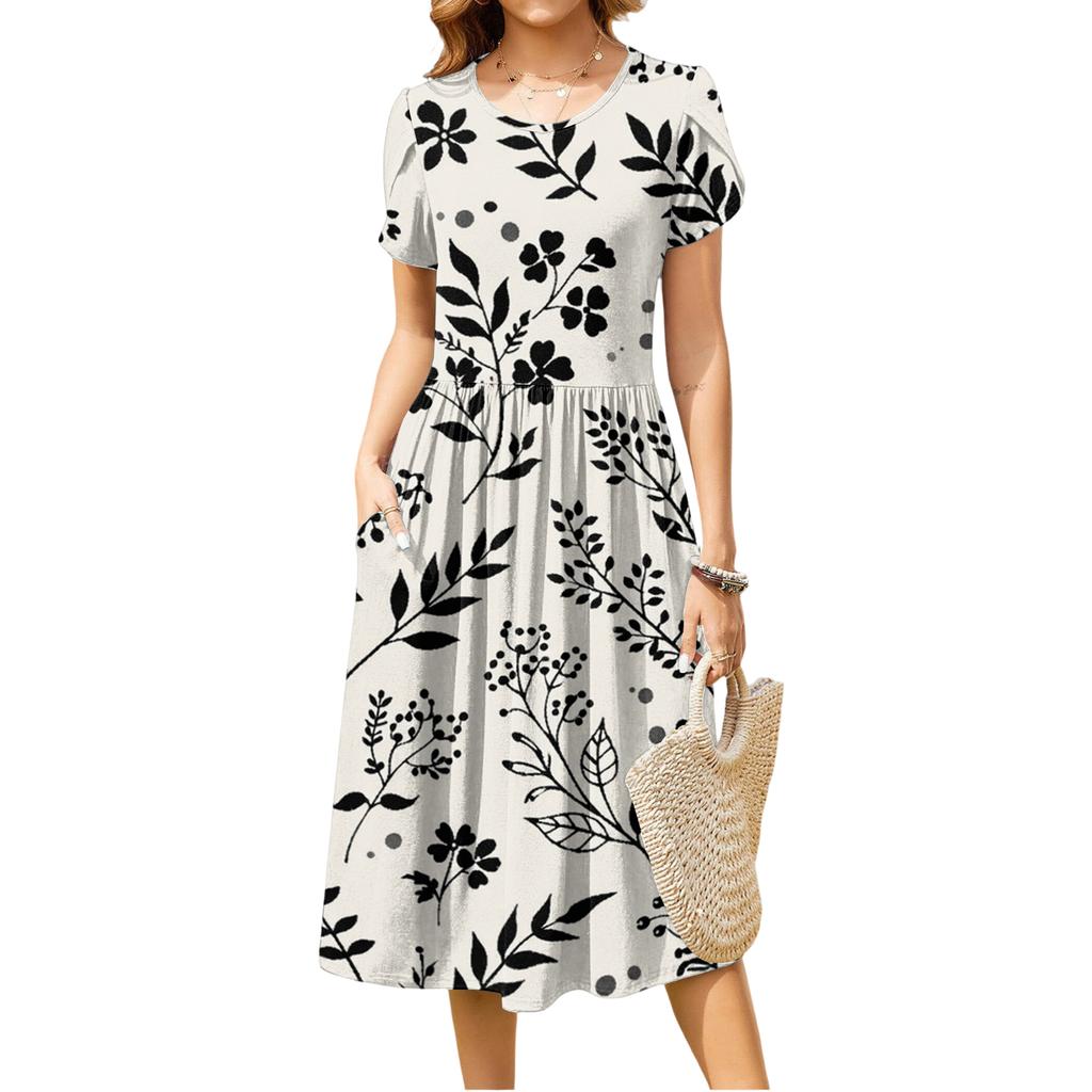 Women's Fashion Casual Loose Floral Print Round Neck Pocket Short Sleeve Dress
