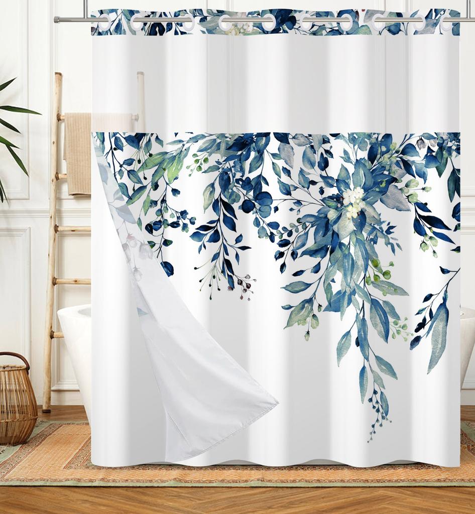 Hookless Double Layer Shower Curtain Waterproof Removable Lined Leaves Plants Flower Modern Bathroom Decorative Shower Curtains