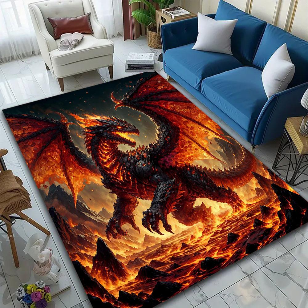 "Fiery Lava Dragon in Volcanic Landscape" Patterned carpet, suitable as a non slip play mat for the living room and bedroom sofa