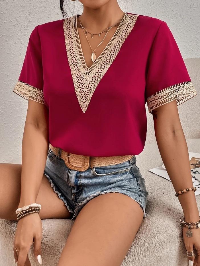 Women's V-Neck Lace Loose Top Temperament Commuter Short Sleeve Shirt Women