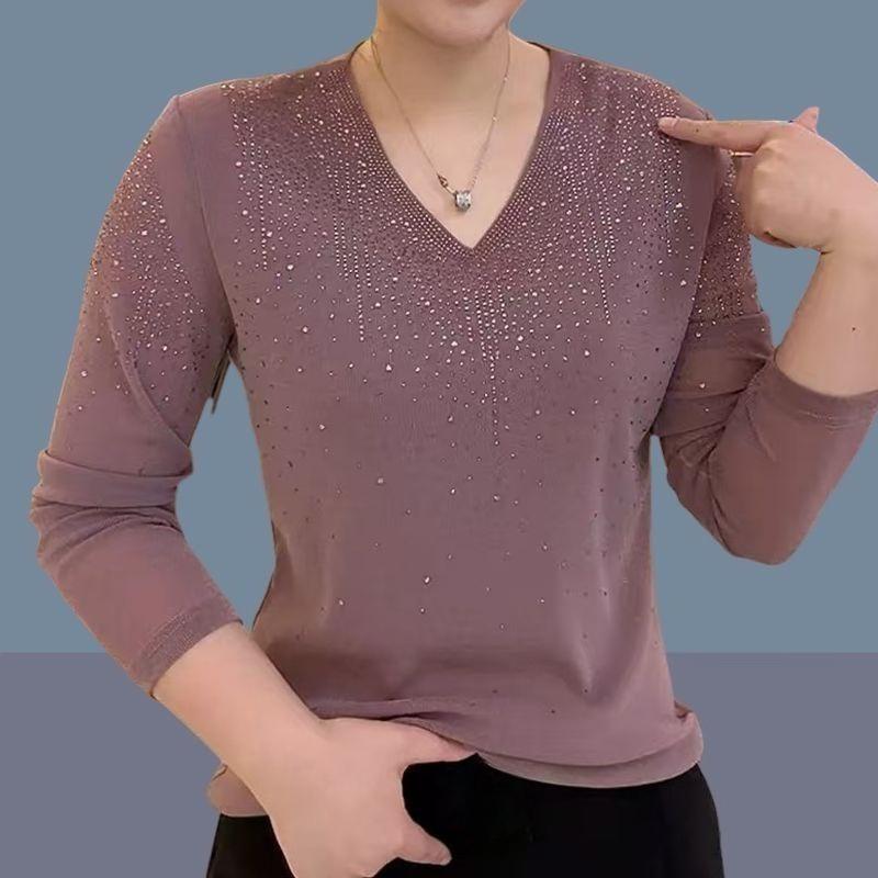Women's V-neck Mesh Stretch T-shirt Shiny Rhinestone Long-sleeve Slim-fit Blouse Soft Skin-friendly Pullover T-shirt