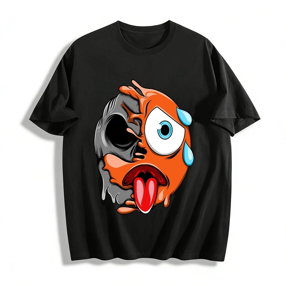Melting Half Skull Emoji Print Cool Casual Short Sleeve T-Shirt Pure cotton T-shirt XXS