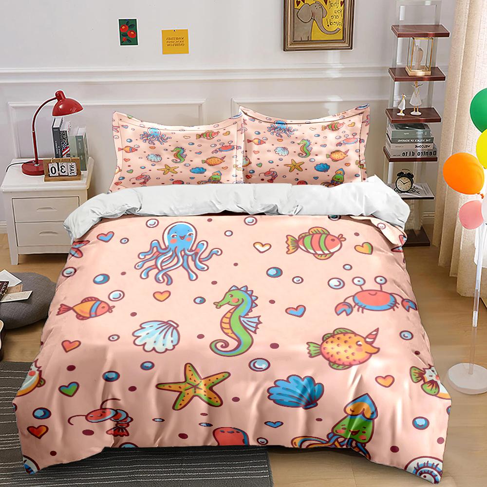 Seahorse and Octopus Marine Elements Pattern Duvet Cover Set Digital Print Polyester Bedding with Zipper Closur for Kids Gifts