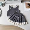 Girls' Stylish College-Style Embroidered Vest & Pleated Skirt Set for Autumn/Spring