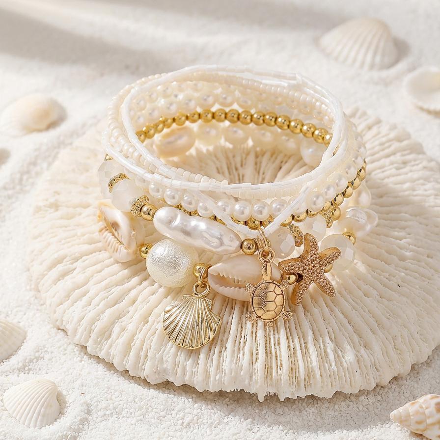 Boho Sea Turtle Starfish Cowrie Shell Charms Bracelet for Women Fashion Layered Pearl Beaded Bracelets Summer Beach Jewelry Gift