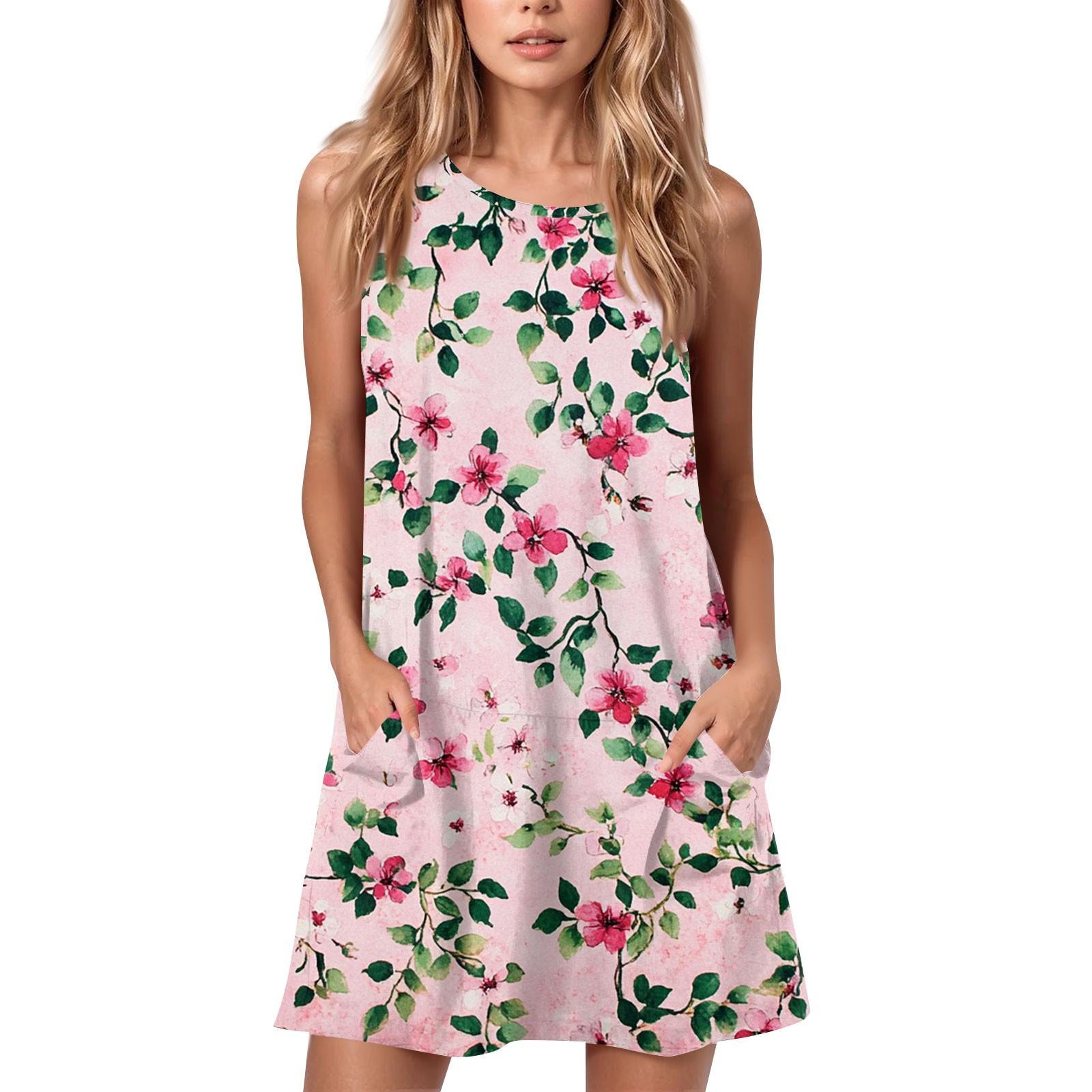 

Жіноча літня повсякденна сукня з принтом і круглим вирізом, без рукавів і кишенями XL