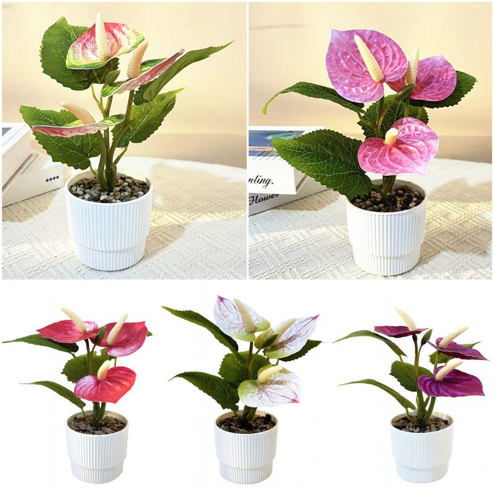 Multicolor Artificial Anthurium Bonsai Real Touch Soft Rubber Simulation Plant Desktop Ornament Photo Props Fake Flower