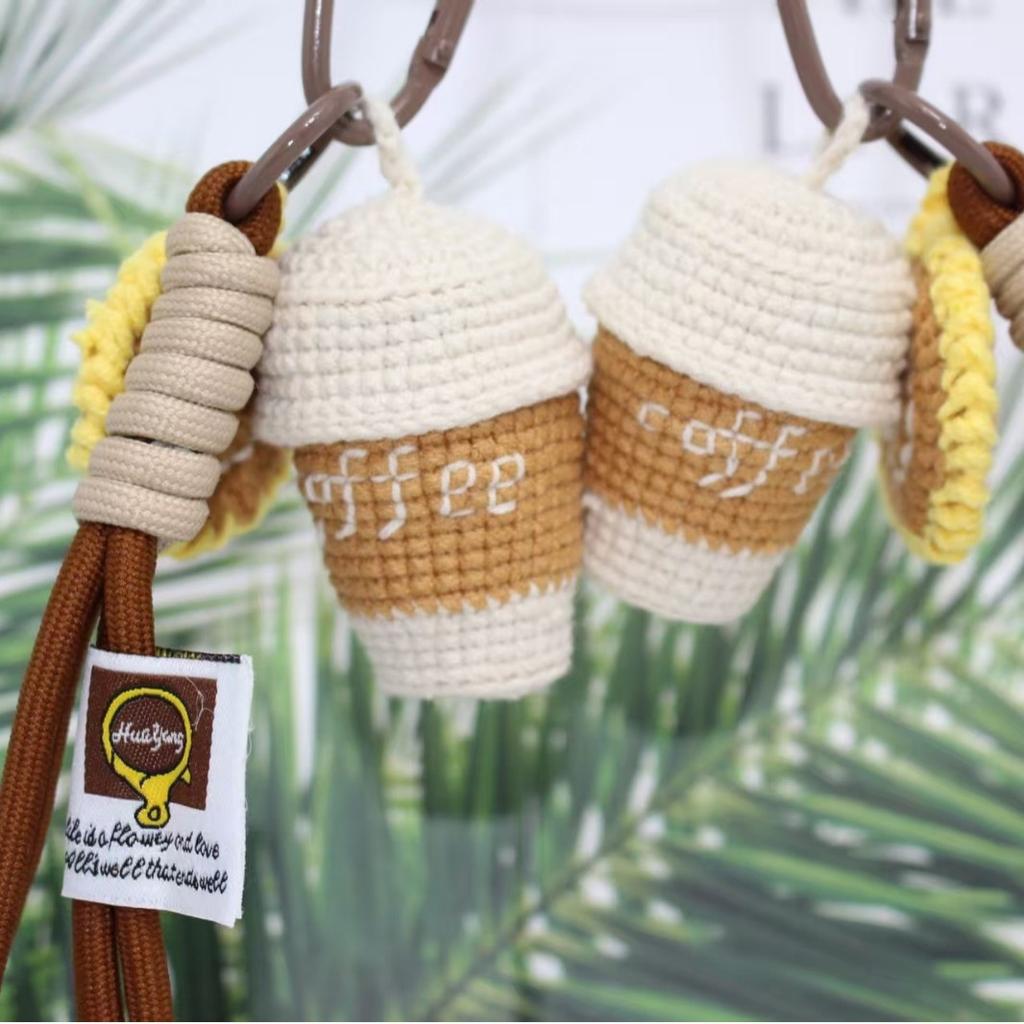 Finished Handmade Crocheted Smiling Coffee Cup Sporty Four Seasons Cufflinks Pendant Gift for Girls Bag Charm Ornament