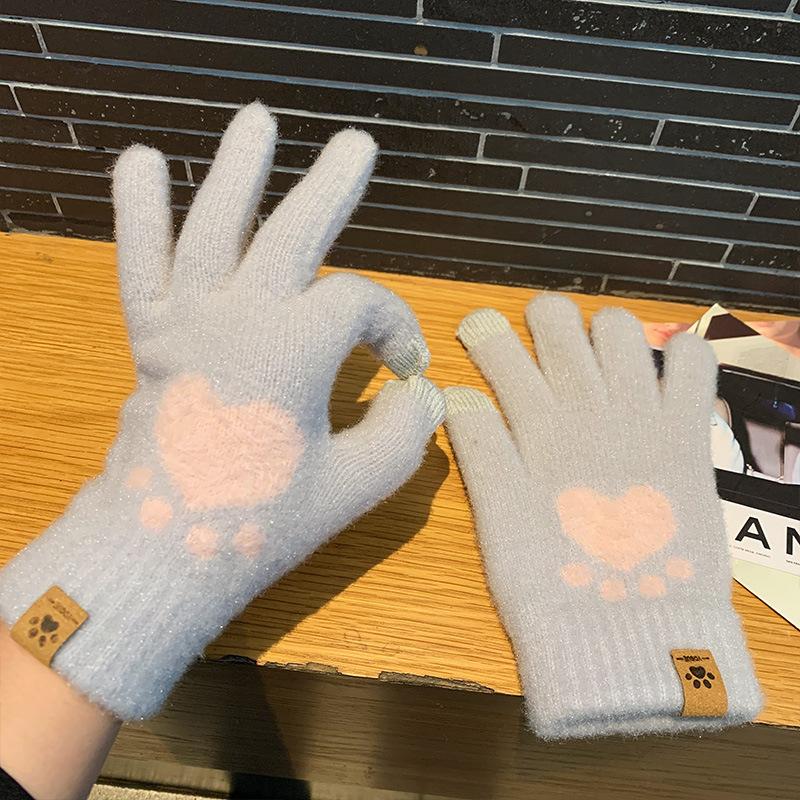 Gloves for Women In Winter, Thickened and Warm, Touch-screen Knitted, Cute, Plush, Wool, Cycling, Cold-proof, Split-fingered Students, Winter