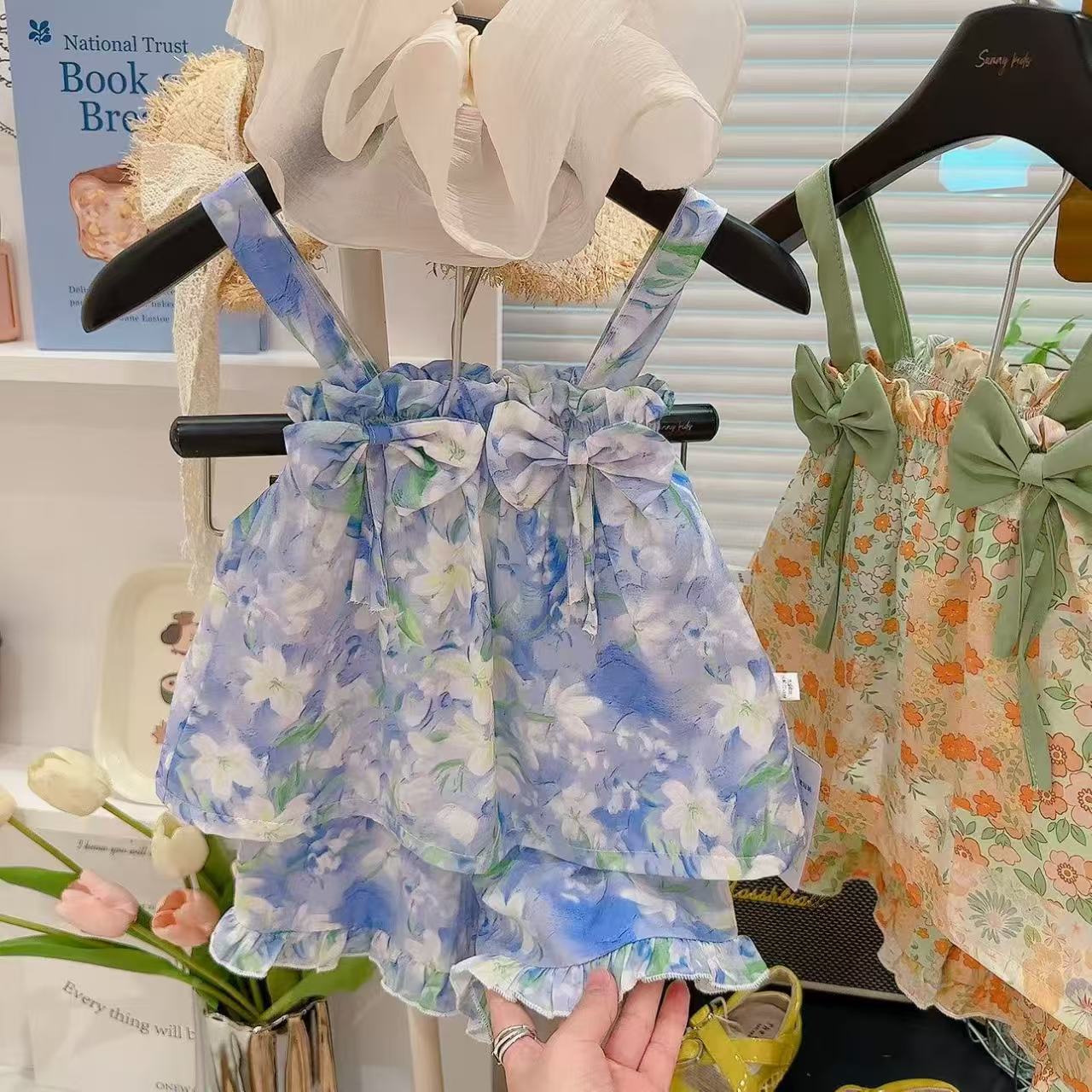 Girls Lyocell Cotton Cool Touch Floral Camisole Dress Set Baby Sleeveless Cute Two Piece Outfit 80cm