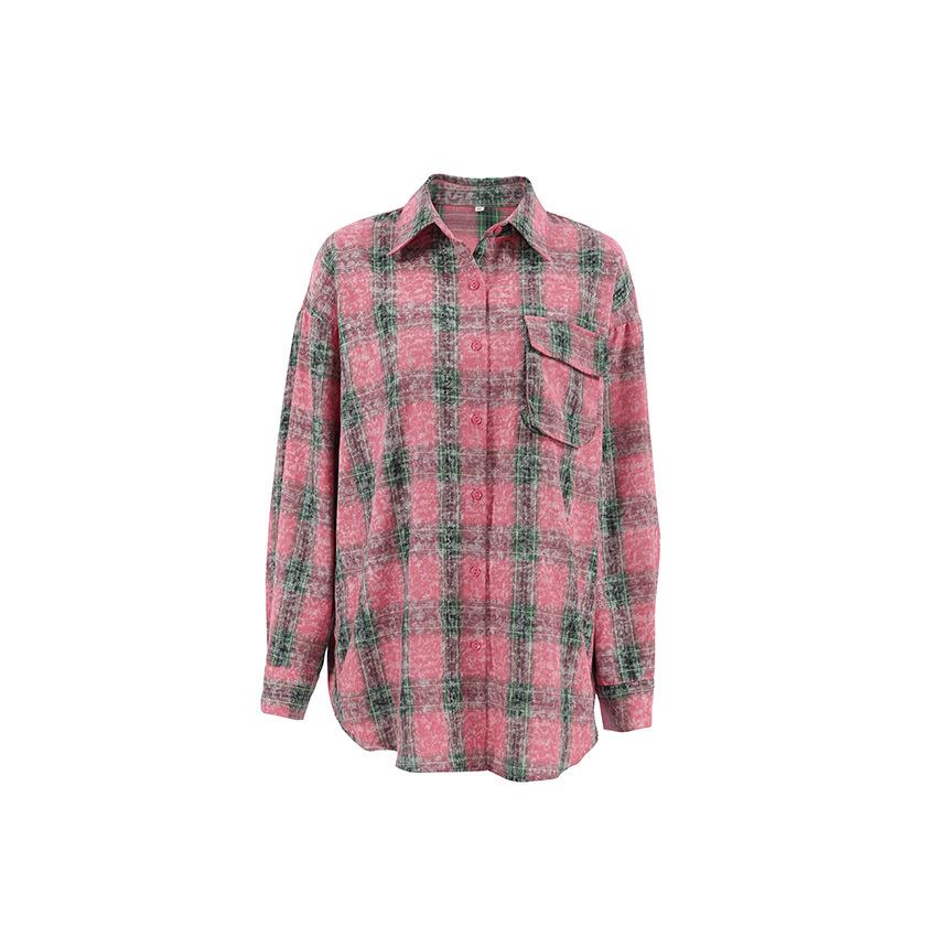 Autumn and winter American street trend berry pink plaid shirt retro niche loose medium and long do old stacked shirt
