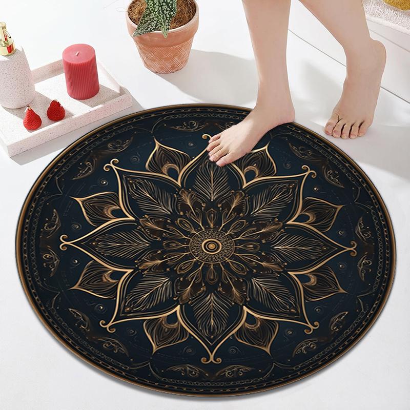 Luxe Ronde Mandala Vloerkleed Boho Marokkaanse Stijl Gouden Print Decoratief Circulair Vloerkleed voor Woonkamer Gang Decor 40cm-dia.
