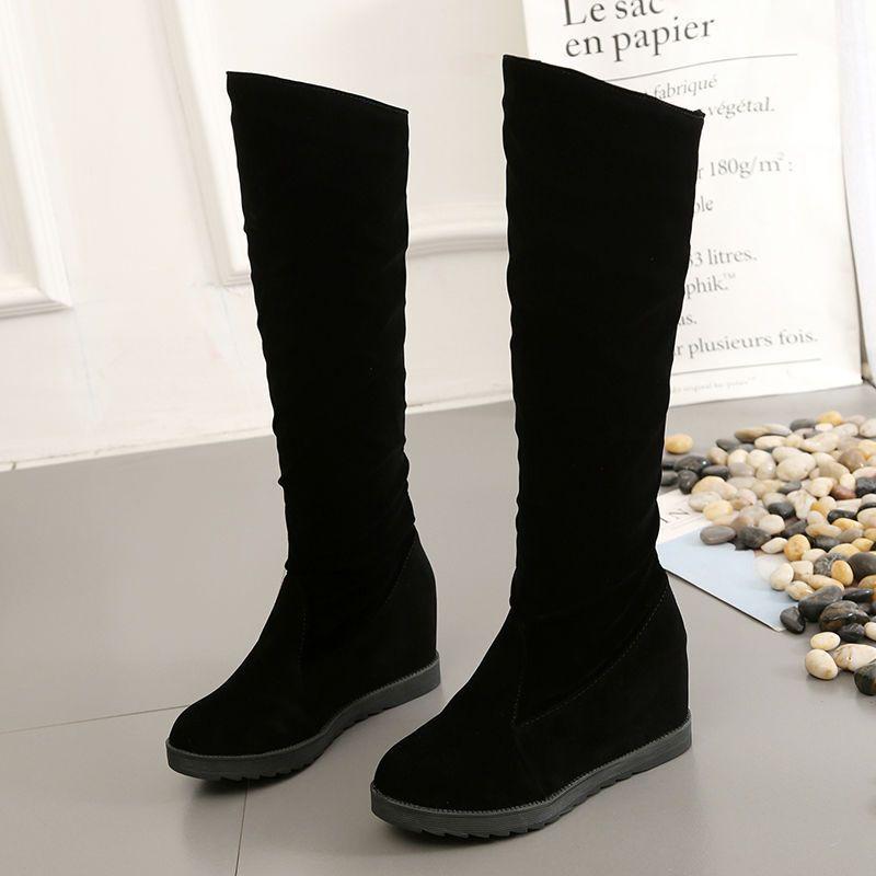 Autumn and Winter Velvet Medium and Long Boots High Heel Women's Suede Medium Boots Rhinestone Slope Heel Long Inner Height Increasing Women's Knig