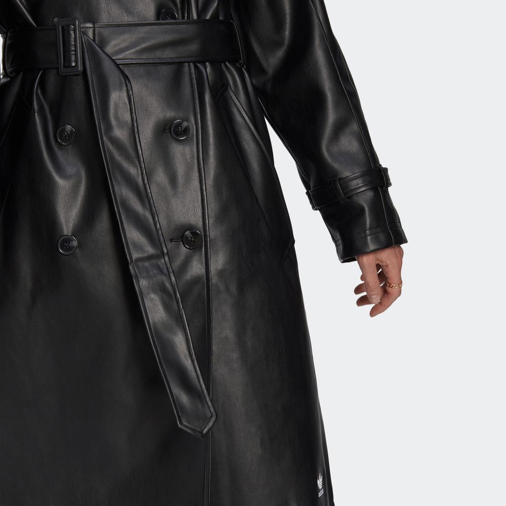 Adidas Originals Trefoil Faux Leather Double-Breasted Long Trench Coat Women Outerwear Black II6083