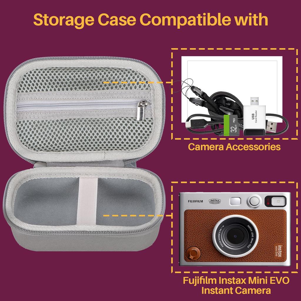 Lebakort Storage Case Compatible with Fujifilm Instax Evo, Instax Mini Evo Hybrid Instant Digital Camera and Printer (Brown Case)