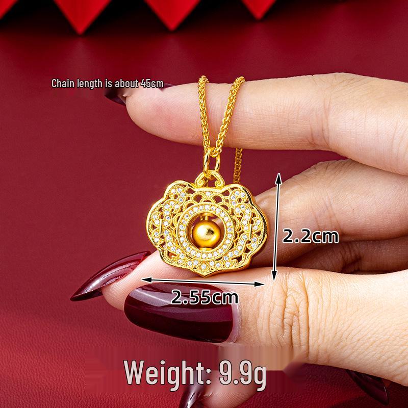 New Chinese-Style Diamond-Inlaid Openwork Peace Lock Necklace: Women's Ethnic Vietnamese Sand Gold Pendant, Trendy Long-Lasting Color Jewelry.