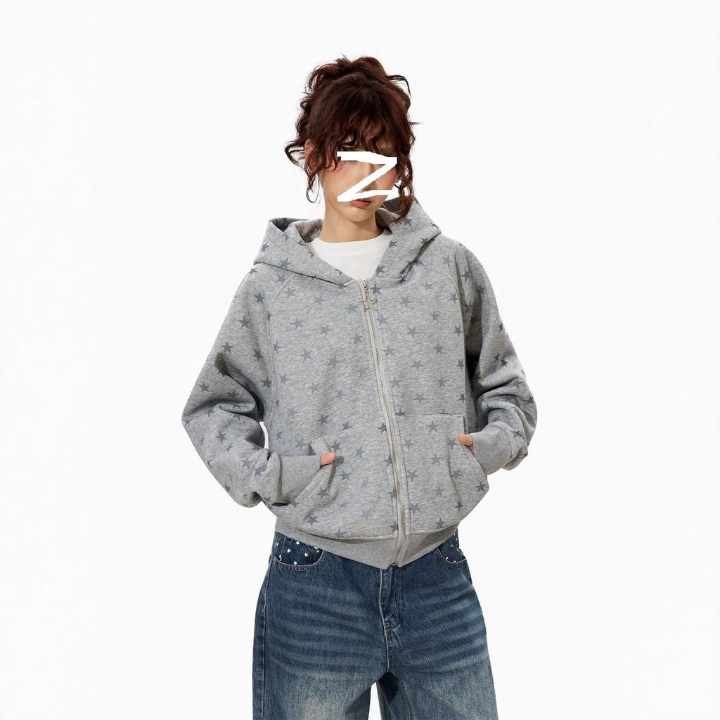 Grey Star-printed Hooded Cardigan Sweater Men's and Women's Autumn Loose and Versatile Design Zipper Casual Jacket
