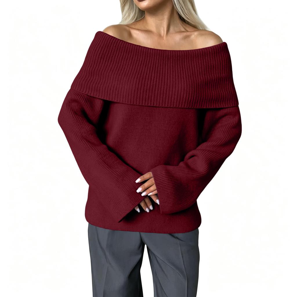 Women's Off-Shoulder Pullover Sweater with Fold-Over Collar, Relaxed Fit Versatile Casual Knit Top