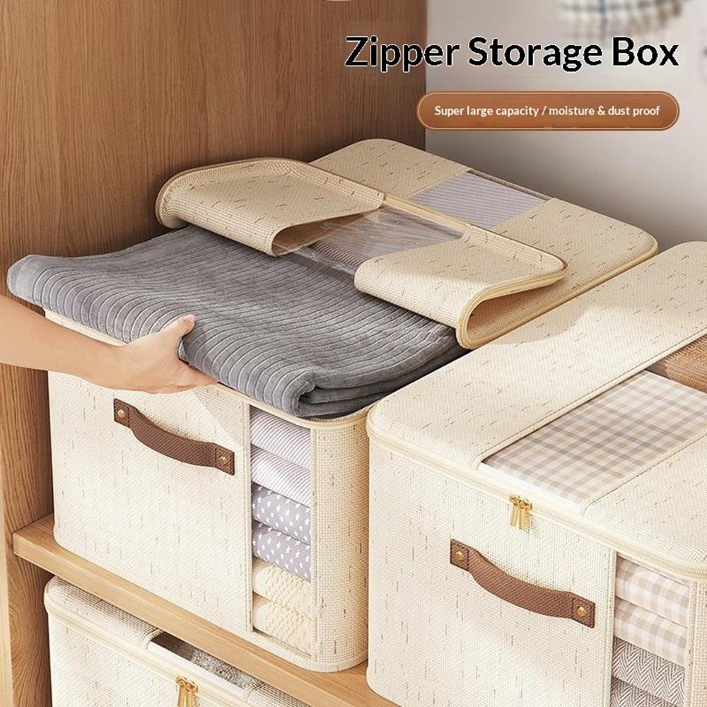 45×35×25cm Extra Large Cotton Linen Storage Box Dual-Window Zippered Organizer with Handles Quilt Storage Box for Home
